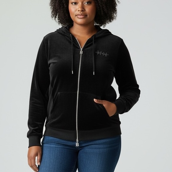 BCBGMAXAZRIA Black Velour Zip Hoodie | XL | Crown Graphic | Luxe Y2K - Picture 3 of 10